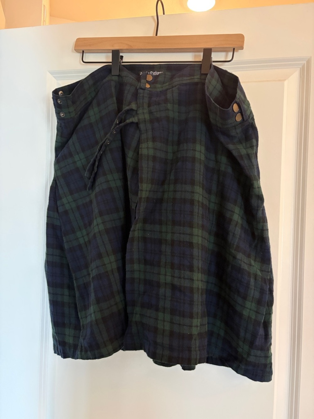 Plaid Midi Skirt in Navy and Green with Side Button Detail
